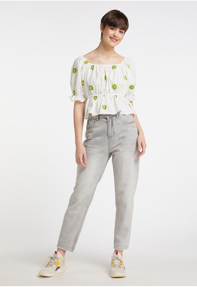 myMo Damen Bestickte Cropped Bluse