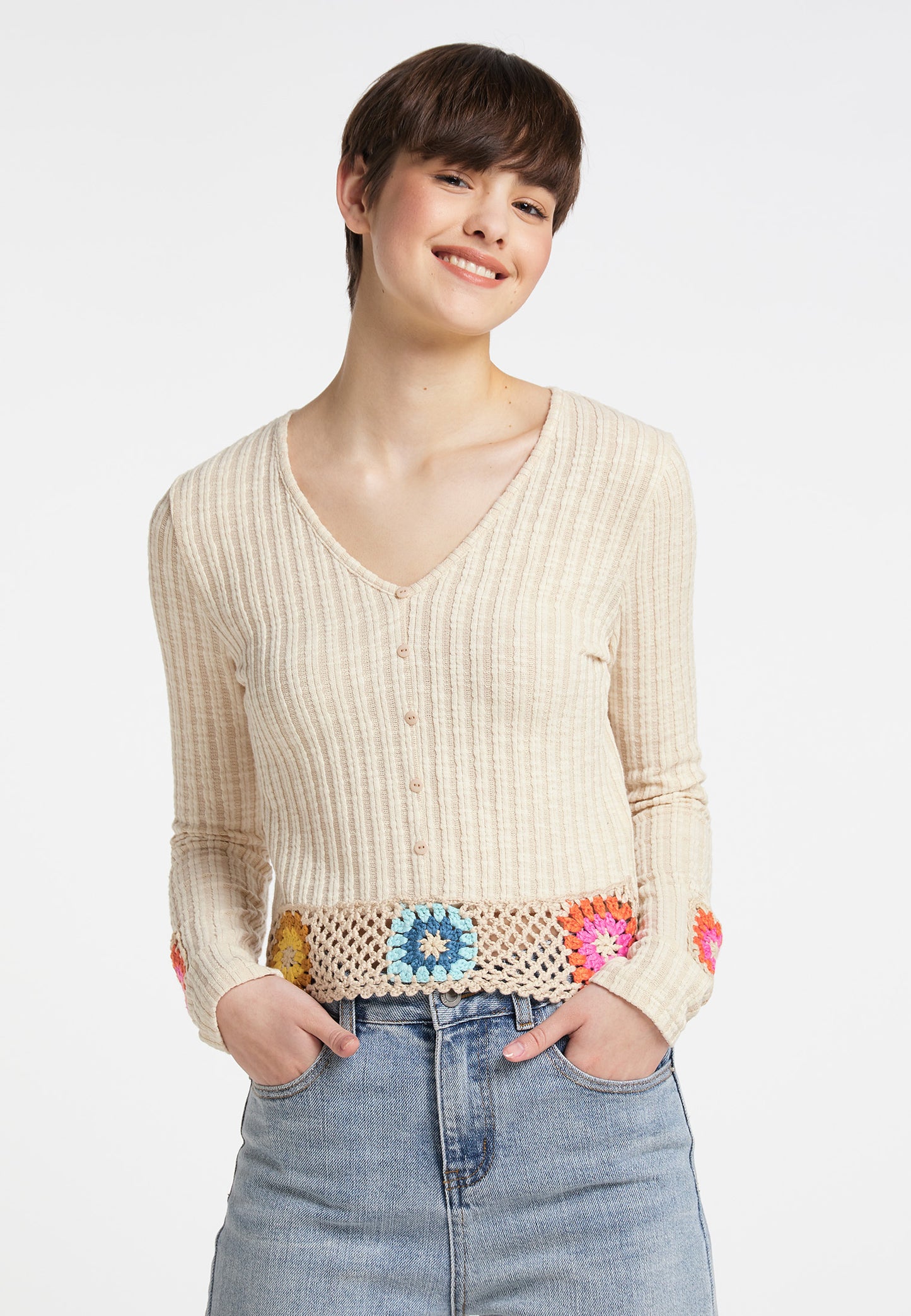 myMo Women's Sweater With Crocheted Waistband