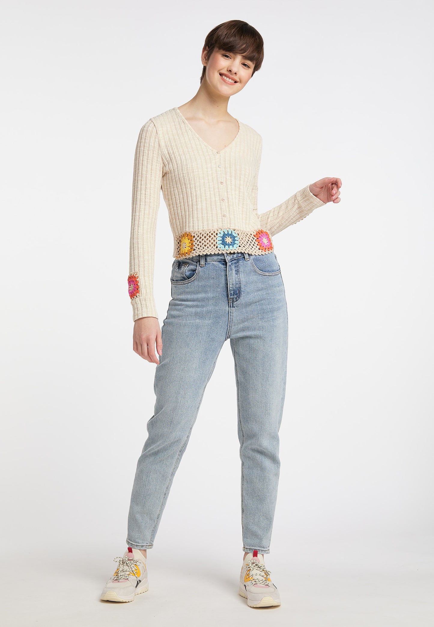 myMo Women's Sweater With Crocheted Waistband