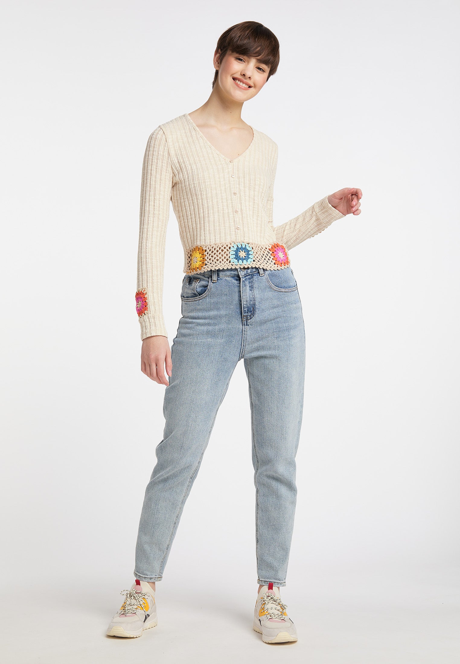 myMo Women's Sweater With Crocheted Waistband