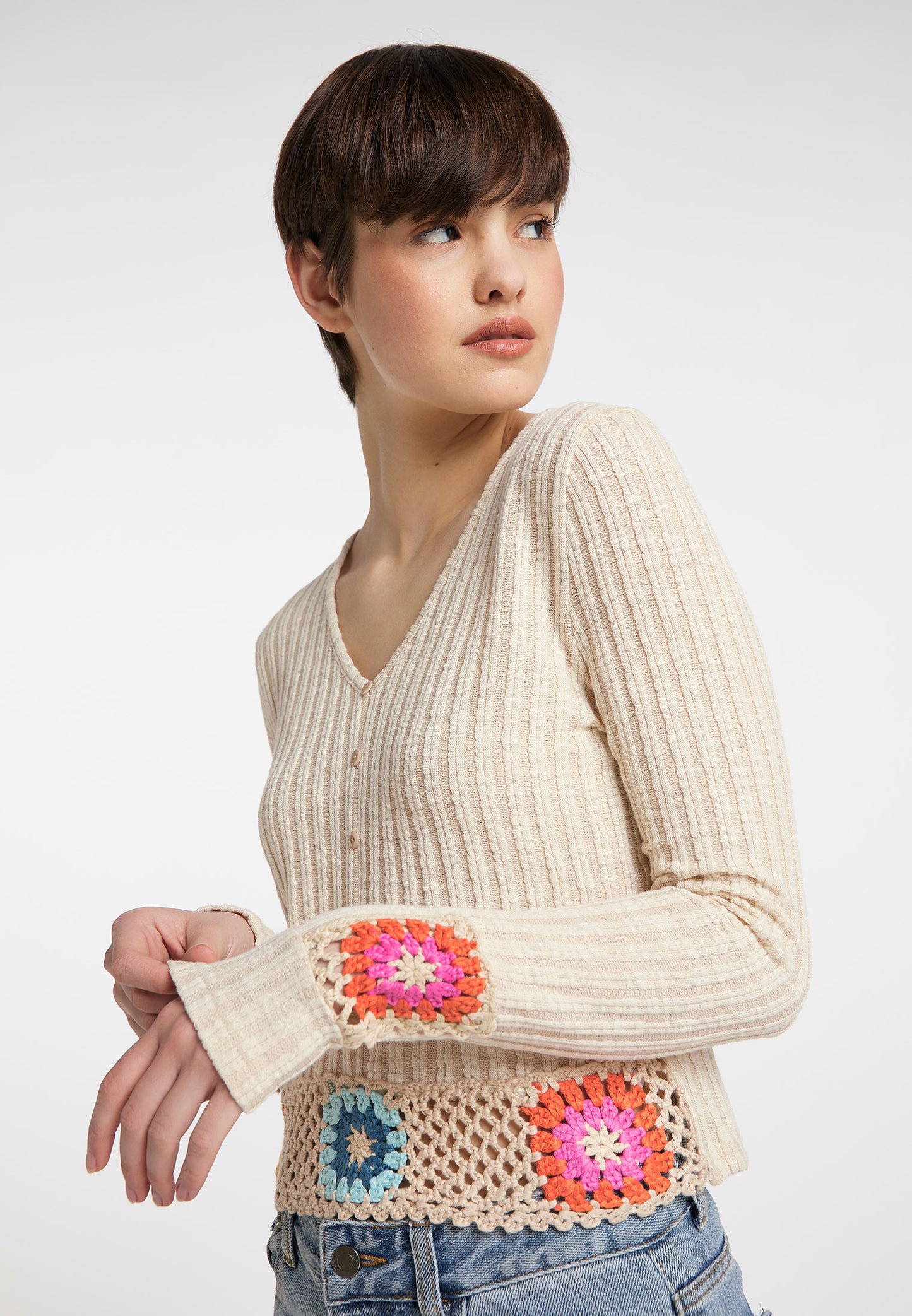 myMo Women's Sweater With Crocheted Waistband