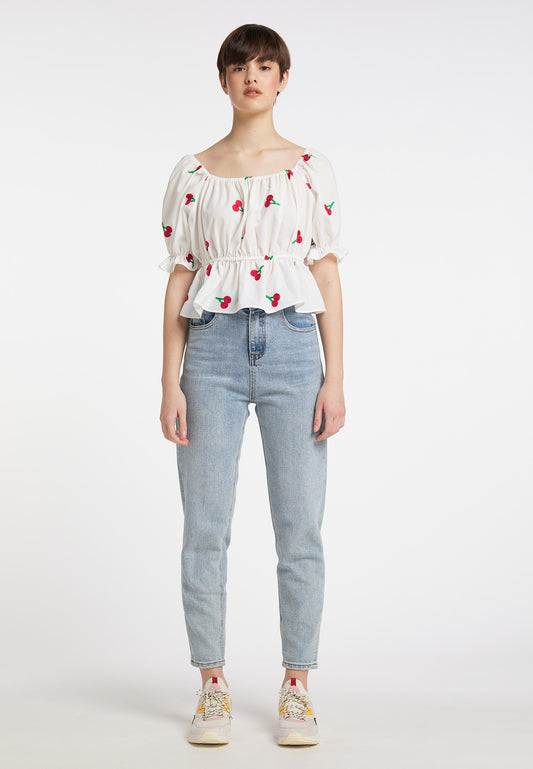 myMo Damen Bestickte Cropped Bluse